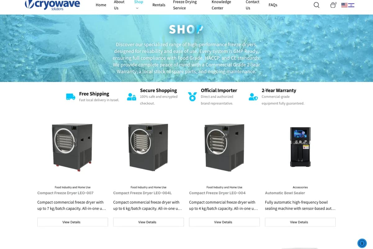 Live screenshot of the Cryowave Solutions website — the shop