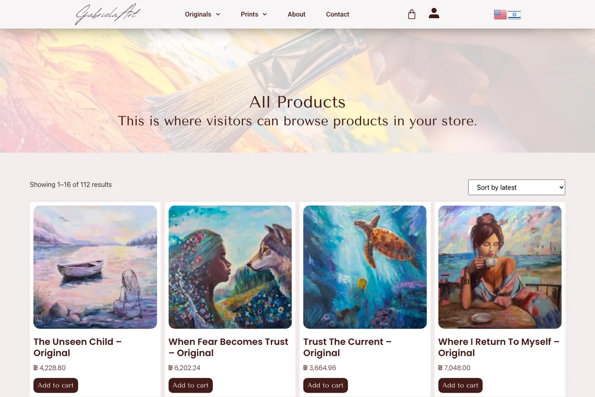 Live screenshot of the Gabriela Art website — the shop