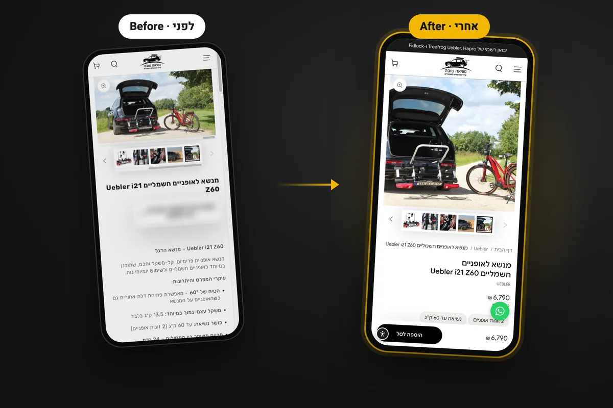 Before and after on a phone: the Uebler i21 Z60 product page, with the add-to-cart button under the price in the new version