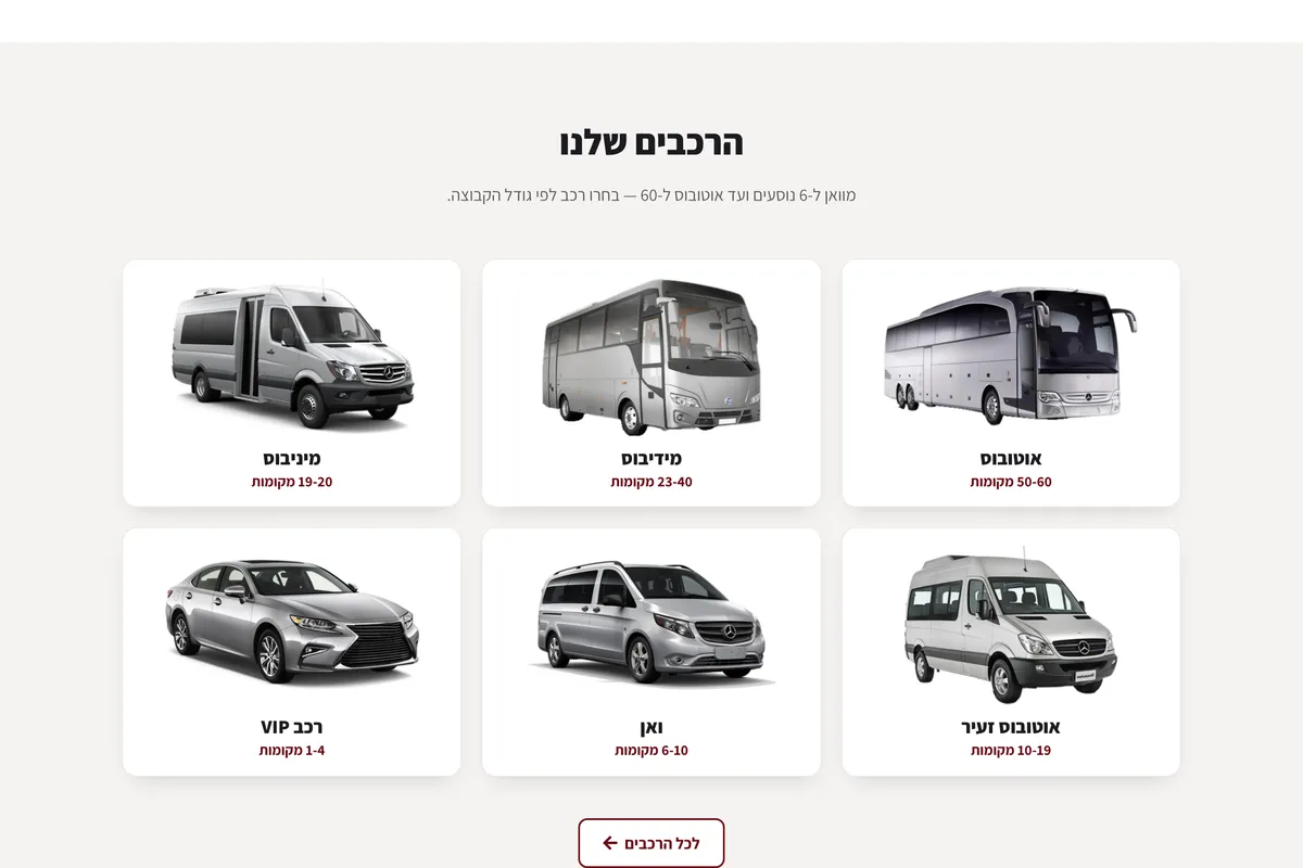 Live screenshot of the Y.K. Transportation website — the fleet by group size