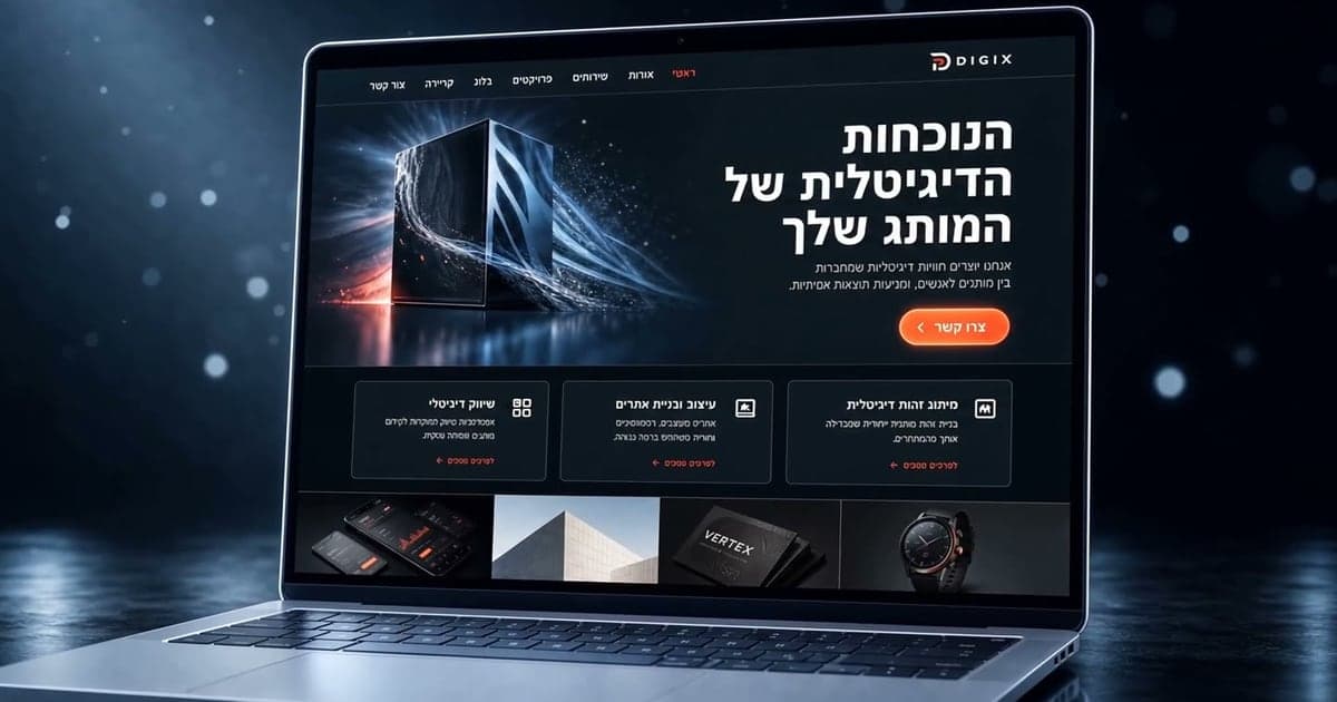 סרטון תצוגה: אתר תדמית עסקי על מחשב נייד — עמוד בית עם כותרת, שירותים ופרויקטים