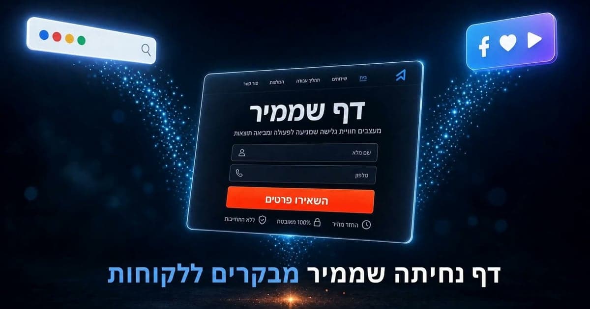 דף נחיתה ממוקד המרה על מסך כהה — טופס לידים, אמצעי אמון ומקורות תנועה