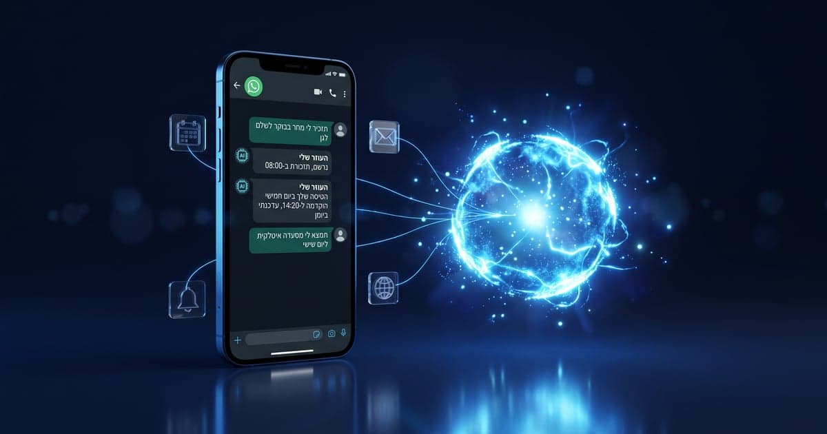 A WhatsApp chat with a personal AI assistant: a payment reminder, a flight change updated in the calendar, and a restaurant search, with calendar, email, and reminder icons around the phone