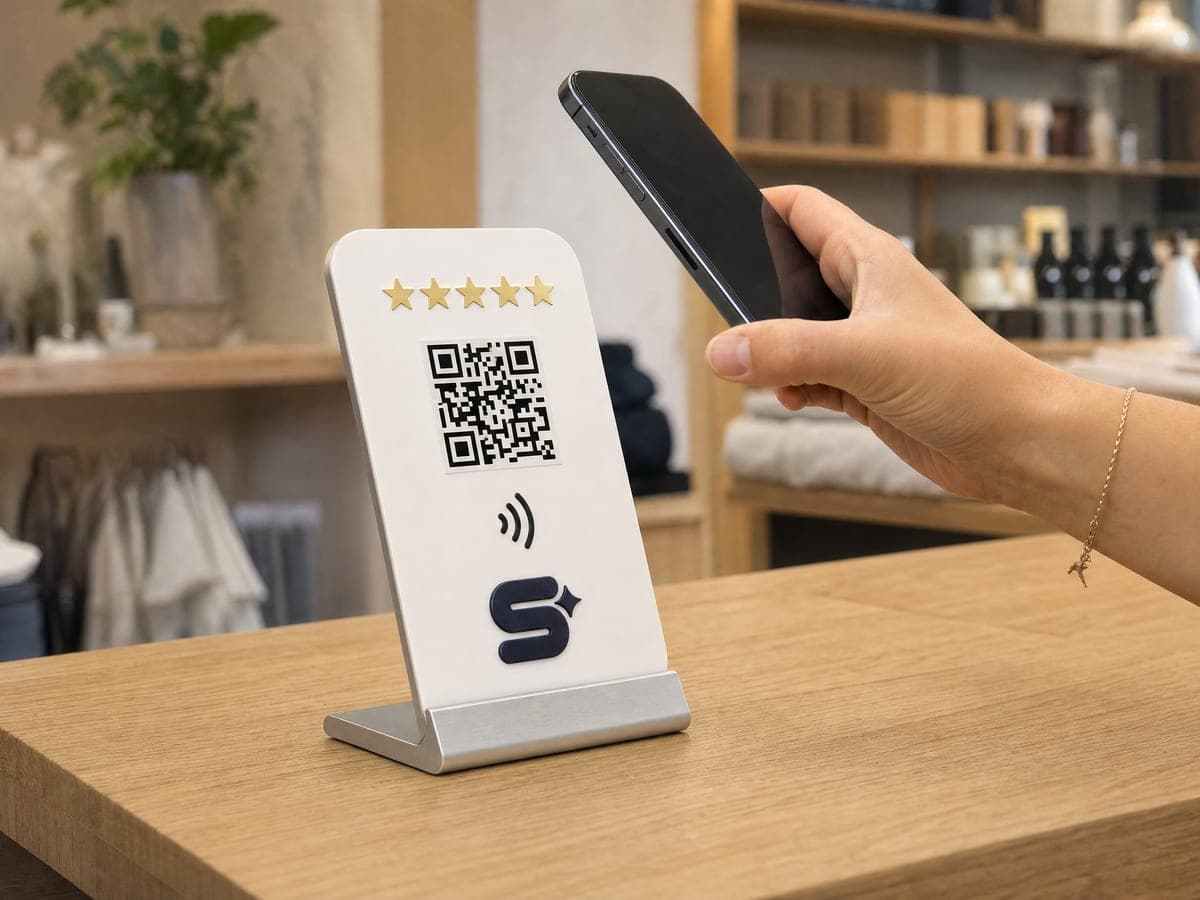 מתקן דירוגים חכם עם QR וסמל NFC עומד על דלפק של עסק, לקוח מקרב אליו טלפון